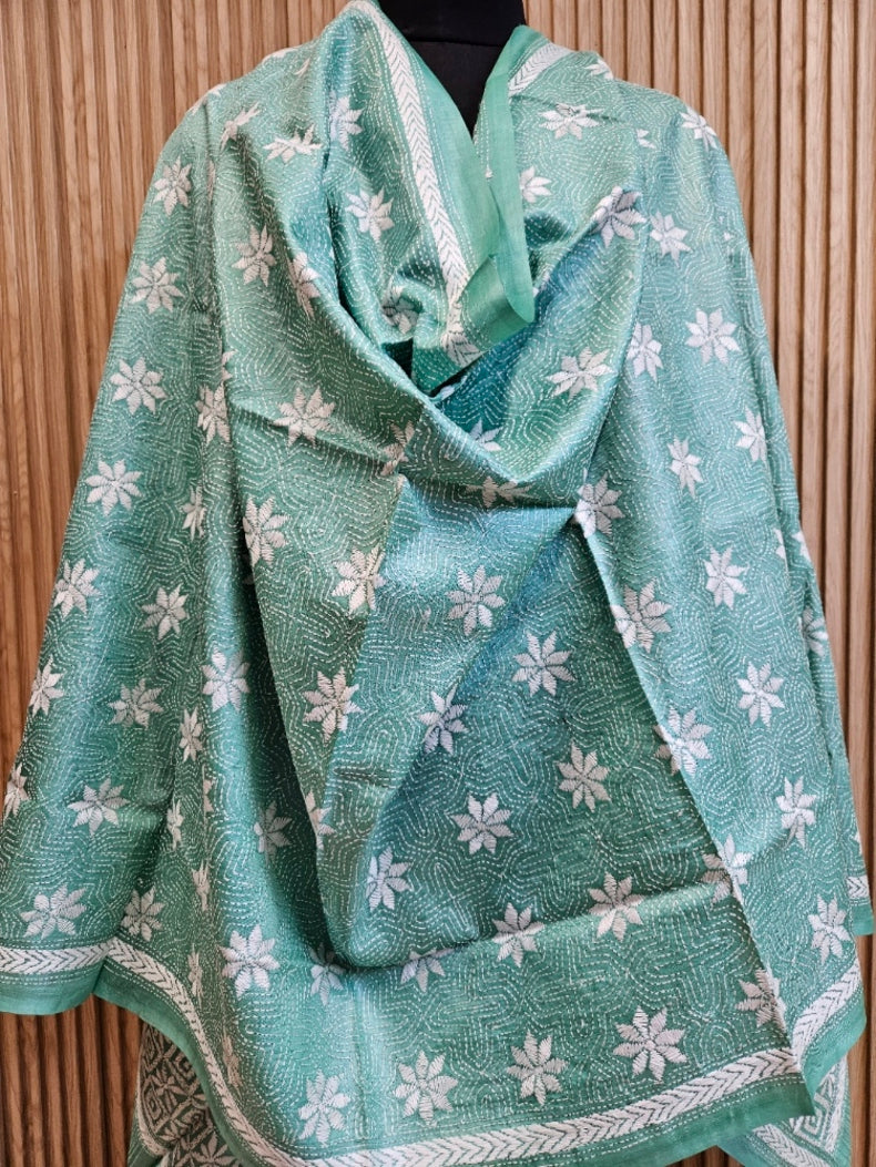 Sea Green & White Premium Tussar Silk HandStitch Kantha Dupatta Balaram Saha
