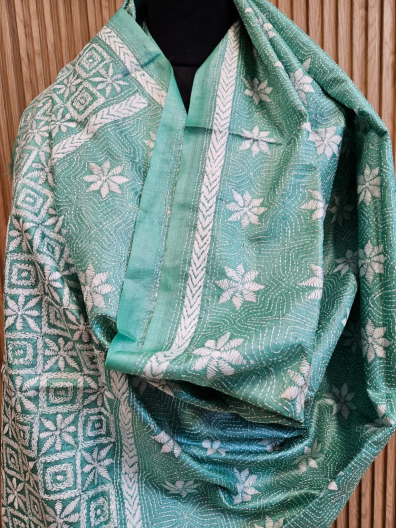Sea Green & White Premium Tussar Silk HandStitch Kantha Dupatta Balaram Saha