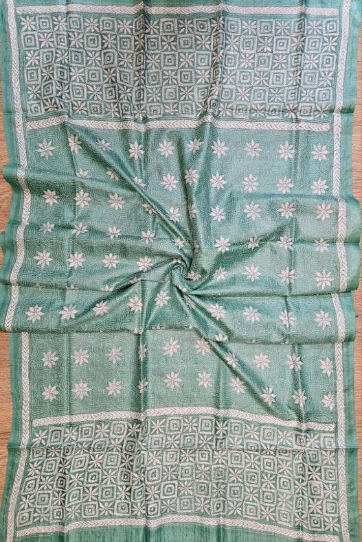 Sea Green & White Premium Tussar Silk HandStitch Kantha Dupatta Balaram Saha
