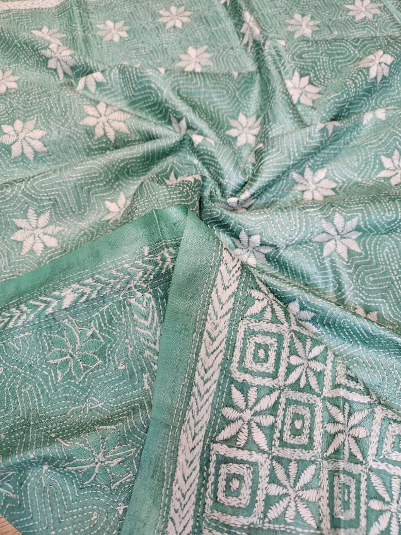 Sea Green & White Premium Tussar Silk HandStitch Kantha Dupatta Balaram Saha
