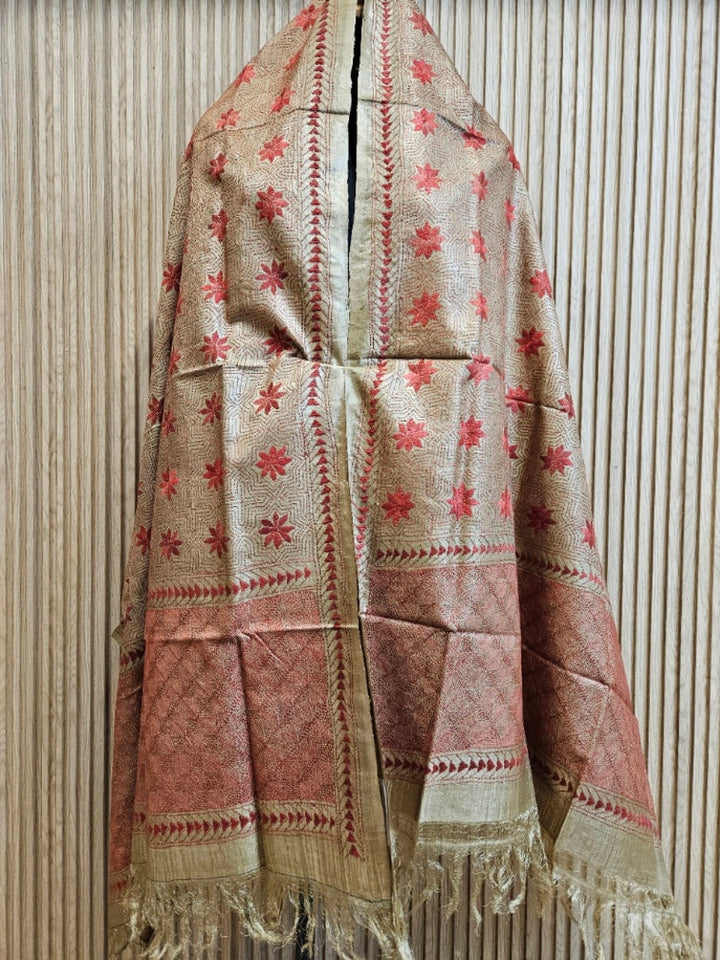 Moss Green & Maroon Premium Tussar Silk Hand Kantha Stitch Dupatta Balaram Saha