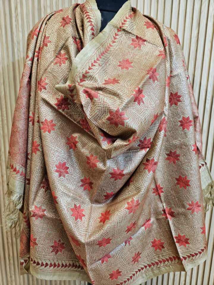 Moss Green & Maroon Premium Tussar Silk Hand Kantha Stitch Dupatta Balaram Saha
