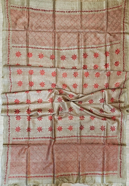 Moss Green & Maroon Premium Tussar Silk Hand Kantha Stitch Dupatta Balaram Saha