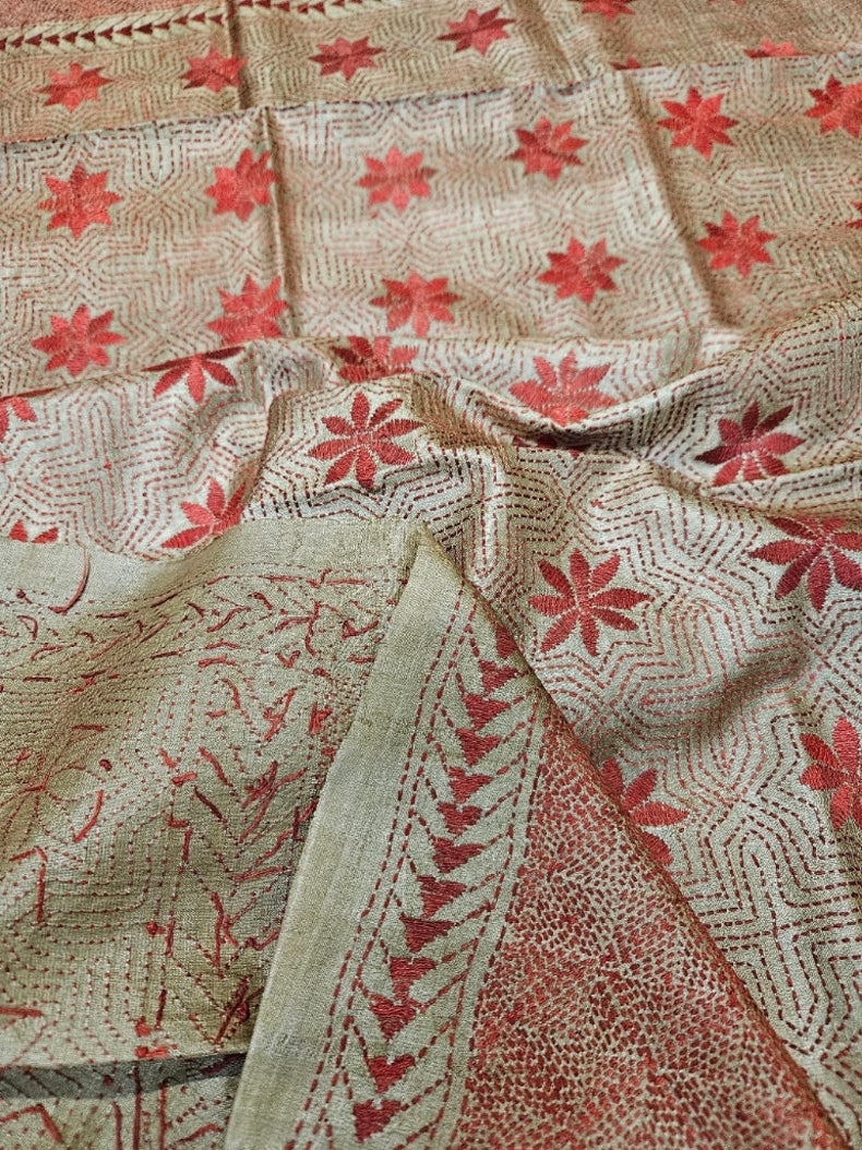 Moss Green & Maroon Premium Tussar Silk Hand Kantha Stitch Dupatta Balaram Saha