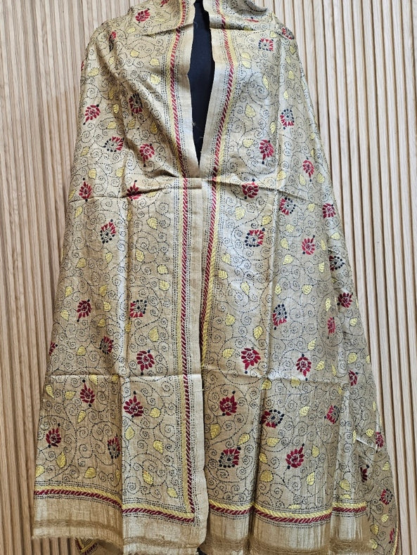 Moss Green Premium Tussar Silk HandStitch Kantha Dupatta with Floral Vine Design Balaram Saha
