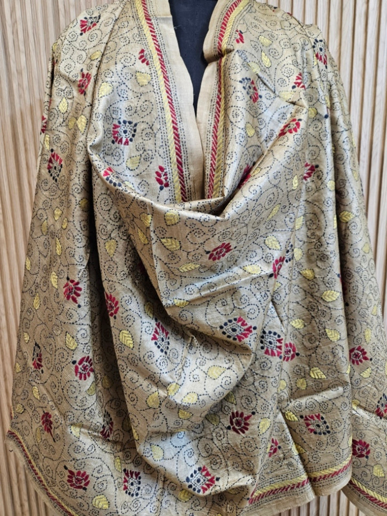 Moss Green Premium Tussar Silk HandStitch Kantha Dupatta with Floral Vine Design Balaram Saha
