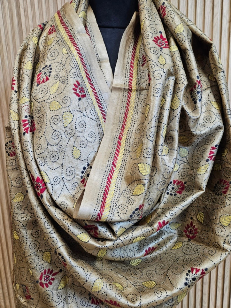 Moss Green Premium Tussar Silk HandStitch Kantha Dupatta with Floral Vine Design Balaram Saha