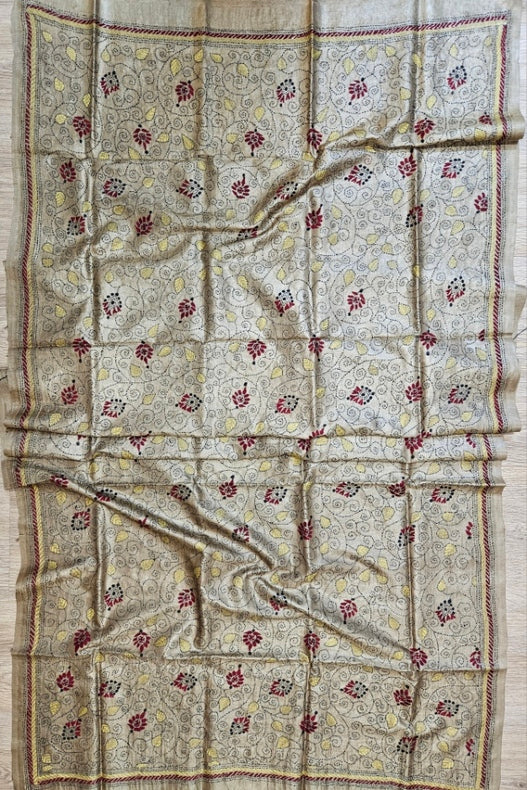 Moss Green Premium Tussar Silk HandStitch Kantha Dupatta with Floral Vine Design Balaram Saha