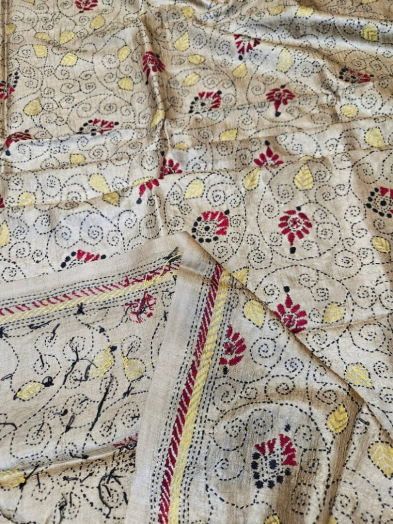 Moss Green Premium Tussar Silk HandStitch Kantha Dupatta with Floral Vine Design Balaram Saha