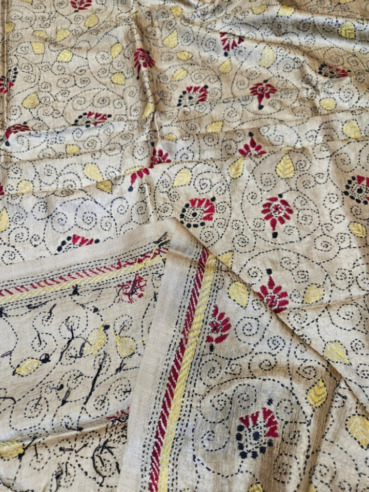 Moss Green Premium Tussar Silk HandStitch Kantha Dupatta with Floral Vine Design Balaram Saha