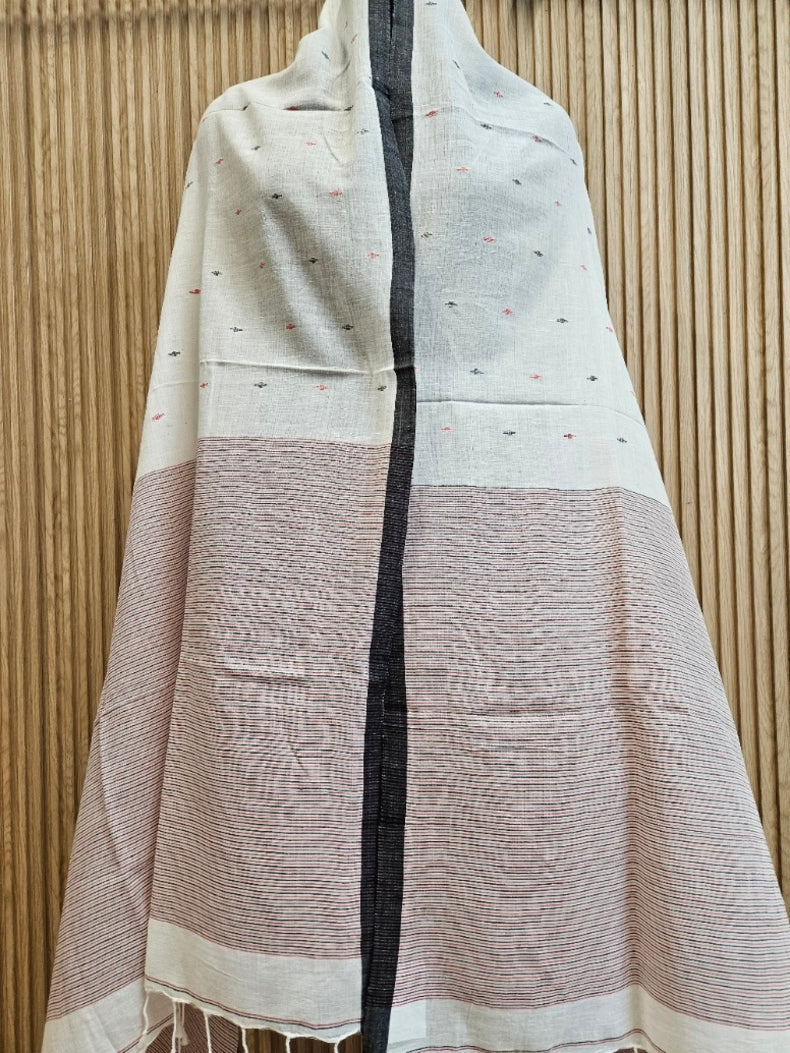 Off-White & Black Soft Handloom Cotton Jamdani Dupatta Balaram Saha