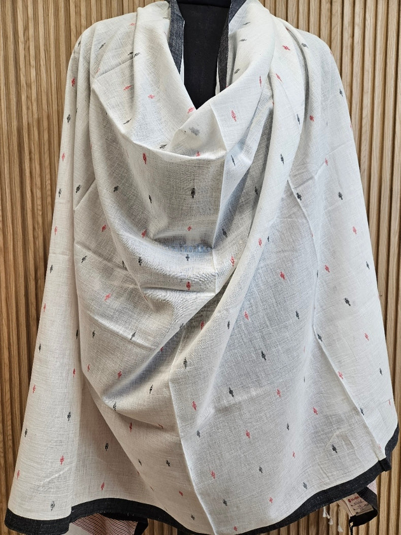 Off-White & Black Soft Handloom Cotton Jamdani Dupatta Balaram Saha