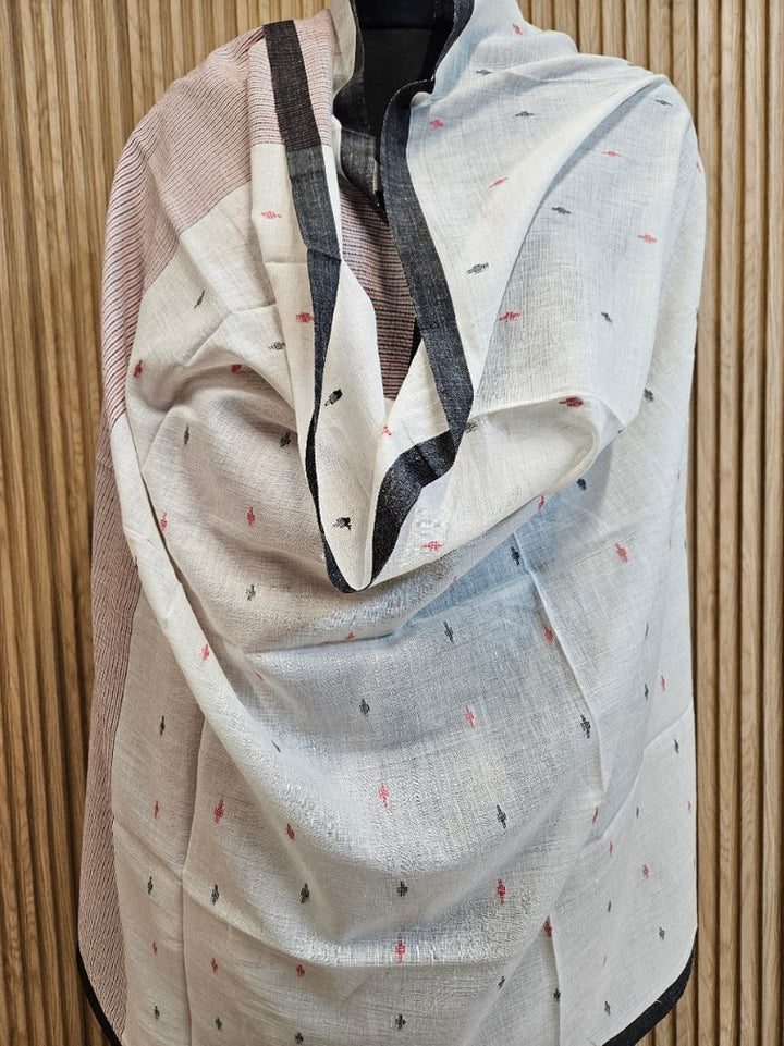 Off-White & Black Soft Handloom Cotton Jamdani Dupatta Balaram Saha