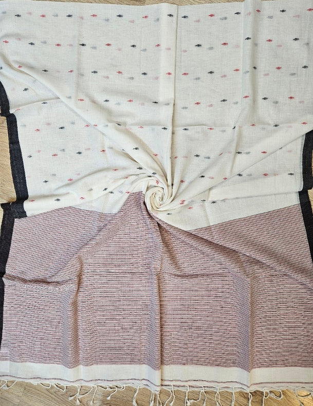 Off-White & Black Soft Handloom Cotton Jamdani Dupatta Balaram Saha