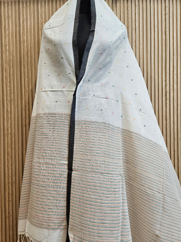White & Multicolor Soft Handloom Cotton Jamdani Dupatta Balaram Saha