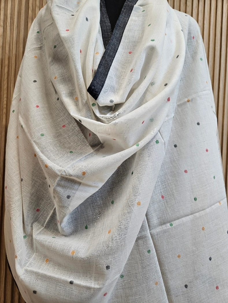 White & Multicolor Soft Handloom Cotton Jamdani Dupatta Balaram Saha