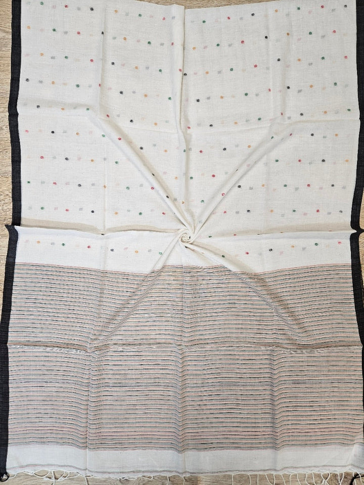White & Multicolor Soft Handloom Cotton Jamdani Dupatta Balaram Saha