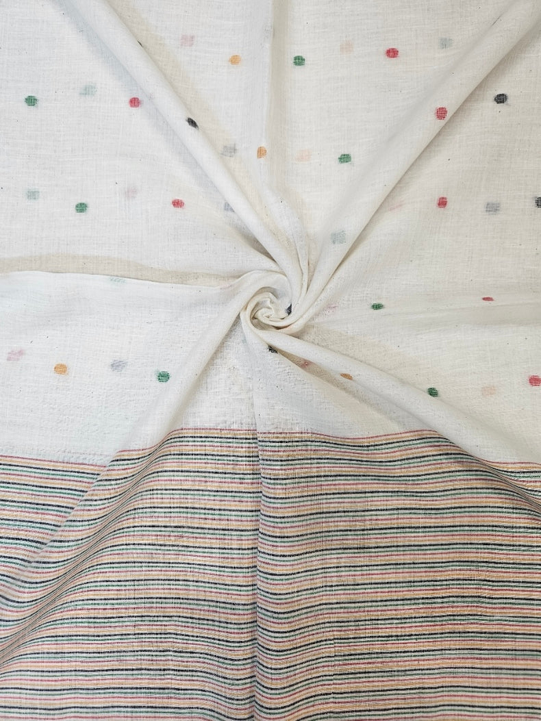 White & Multicolor Soft Handloom Cotton Jamdani Dupatta Balaram Saha