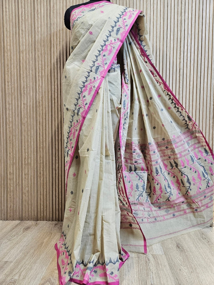 Light Grey & Multicolor Handwoven Cotton Jamdani Saree by Balaram Saha Balaram Saha