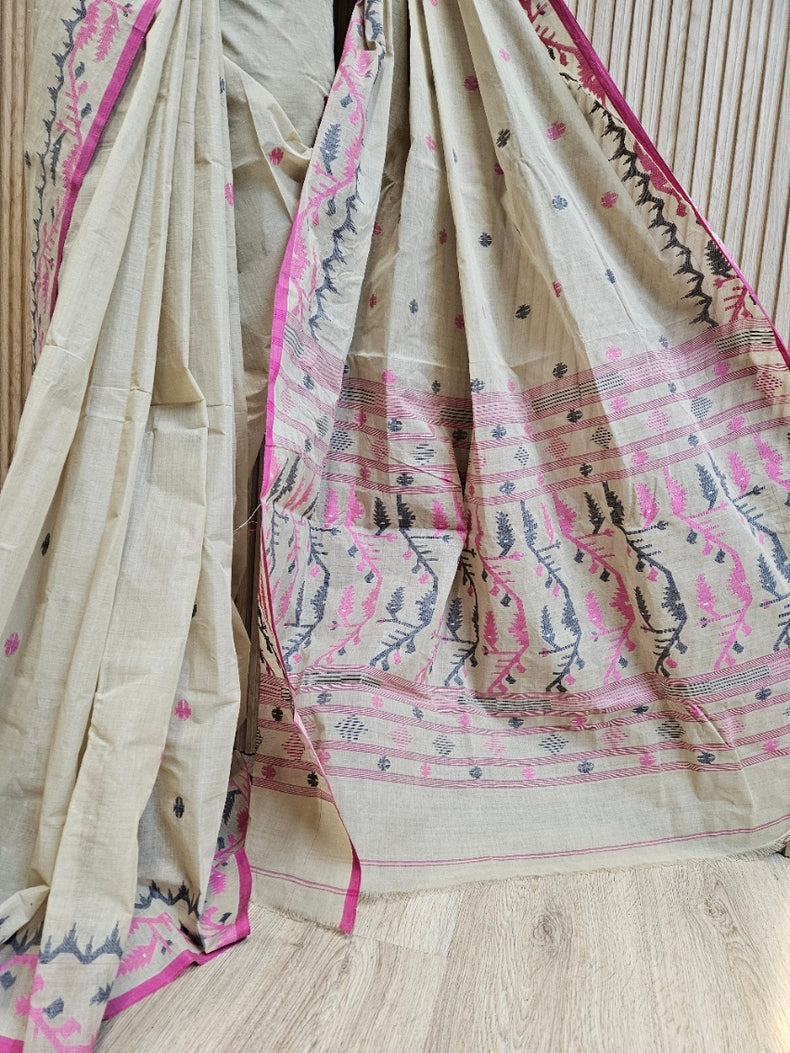 Light Grey & Multicolor Handwoven Cotton Jamdani Saree by Balaram Saha Balaram Saha