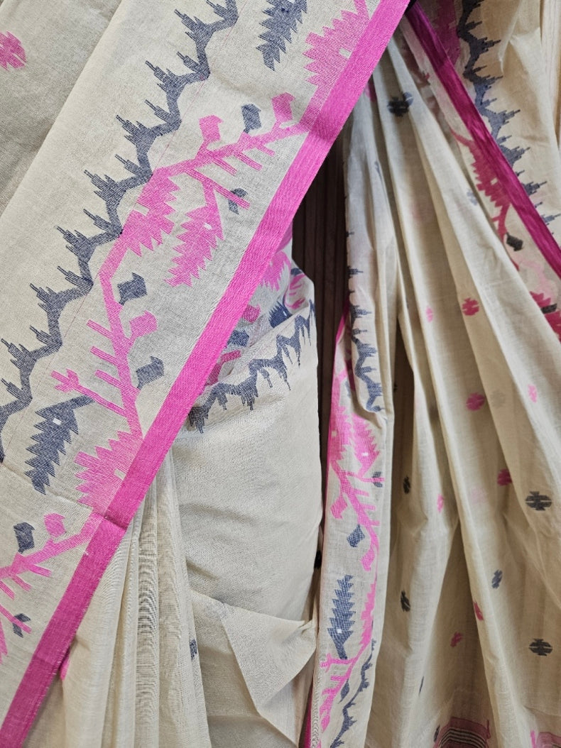 Light Grey & Multicolor Handwoven Cotton Jamdani Saree by Balaram Saha Balaram Saha