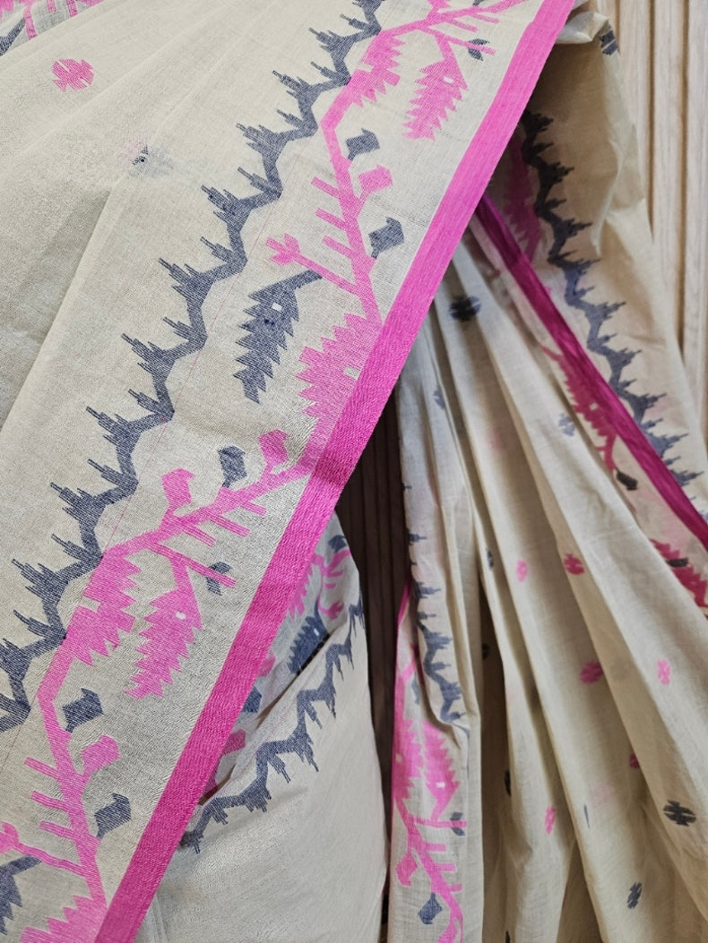 Light Grey & Multicolor Handwoven Cotton Jamdani Saree by Balaram Saha Balaram Saha