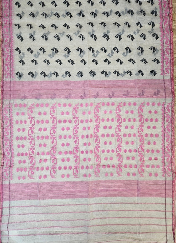 Off White Pink Handwoven Bangladesh Cotton Jamdani Saree Balaram Saha