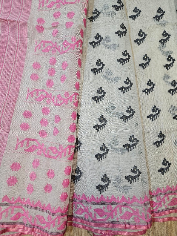 Off White Pink Handwoven Bangladesh Cotton Jamdani Saree Balaram Saha