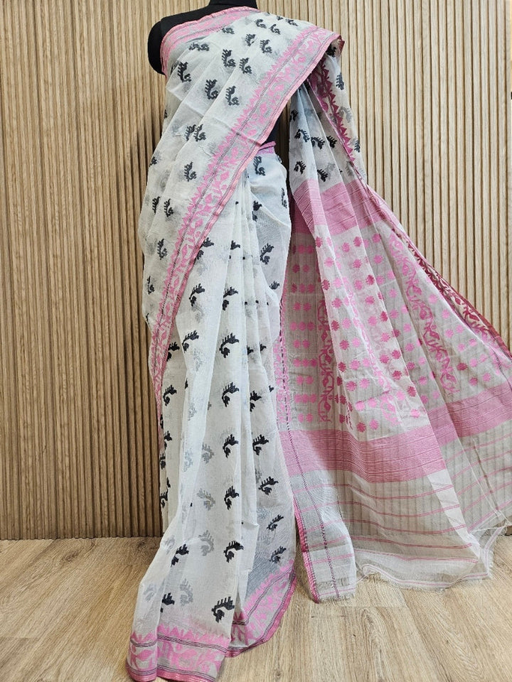 Off White Pink Handwoven Bangladesh Cotton Jamdani Saree Balaram Saha