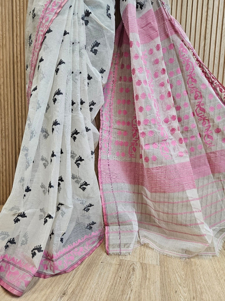 Off White Pink Handwoven Bangladesh Cotton Jamdani Saree Balaram Saha