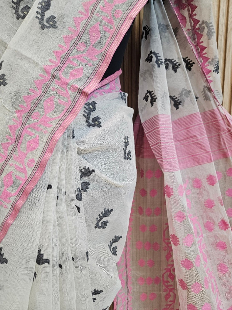 Off White Pink Handwoven Bangladesh Cotton Jamdani Saree Balaram Saha