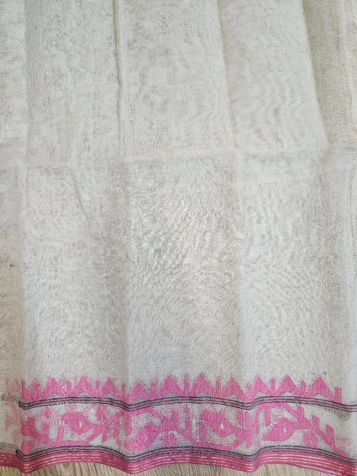 Off White Pink Handwoven Bangladesh Cotton Jamdani Saree Balaram Saha