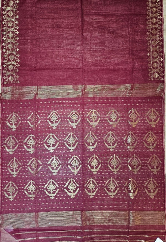 Experience Luxury Present By Balaram Saha : Maroon & Gold Handwoven Jamdani Saree Balaram Saha