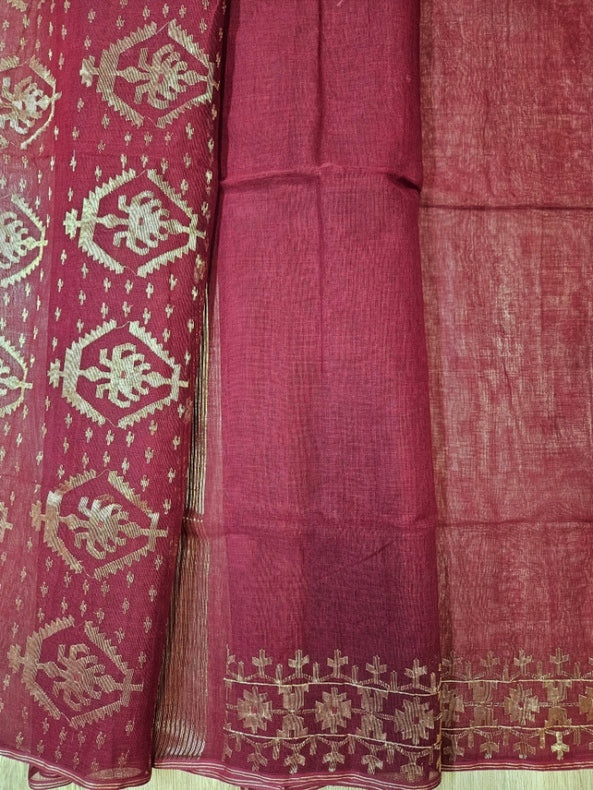 Experience Luxury Present By Balaram Saha : Maroon & Gold Handwoven Jamdani Saree Balaram Saha