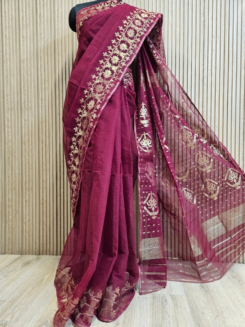 Experience Luxury Present By Balaram Saha : Maroon & Gold Handwoven Jamdani Saree Balaram Saha