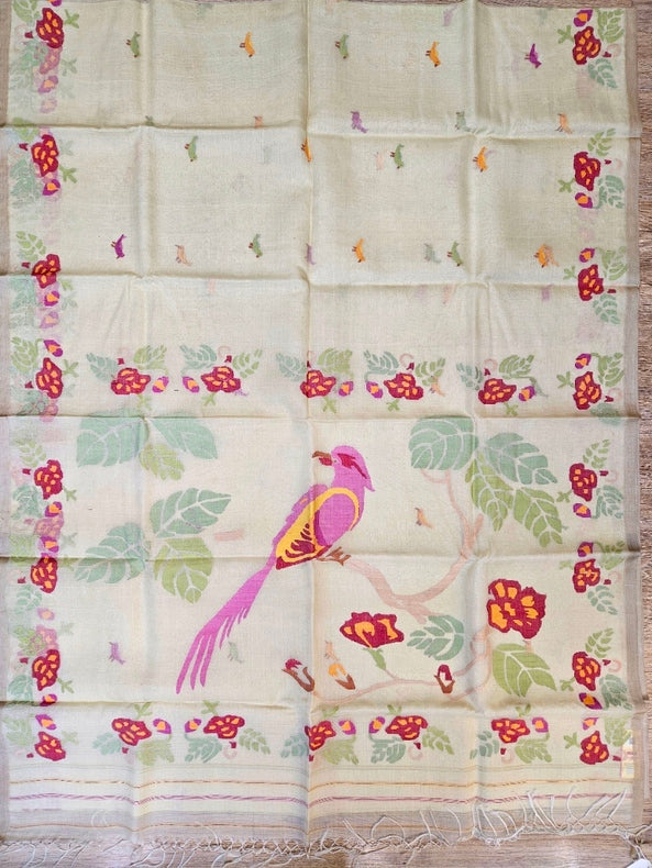 Light-Yellow & Multi Handwoven Muslin Silk Jamdani Saree with Colorful Bird Motifs Balaram Saha