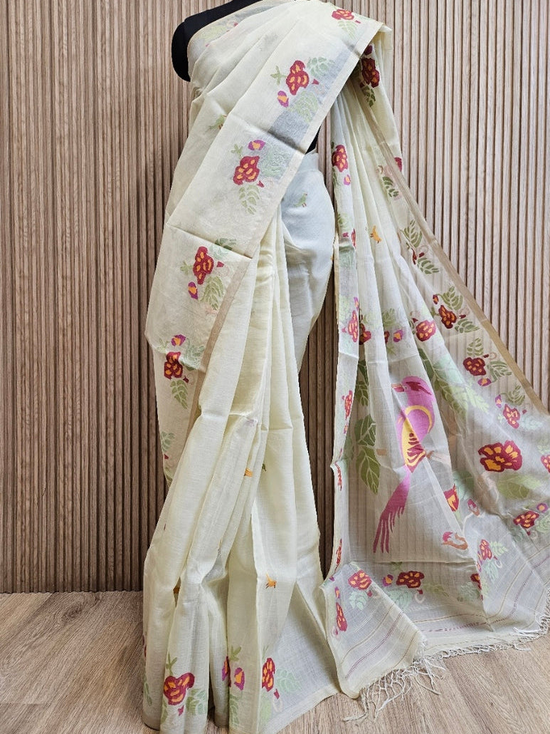 Light-Yellow & Multi Handwoven Muslin Silk Jamdani Saree with Colorful Bird Motifs Balaram Saha