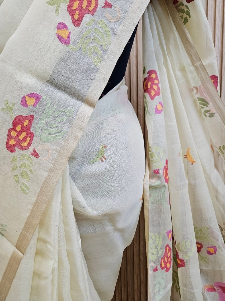 Light-Yellow & Multi Handwoven Muslin Silk Jamdani Saree with Colorful Bird Motifs Balaram Saha