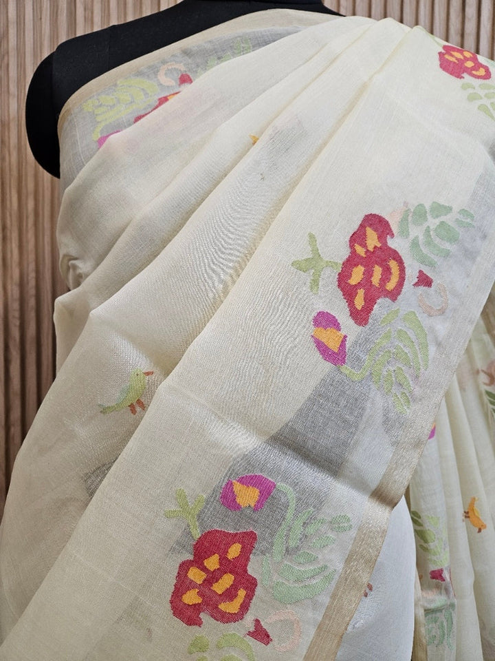 Light-Yellow & Multi Handwoven Muslin Silk Jamdani Saree with Colorful Bird Motifs Balaram Saha