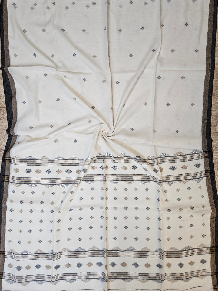 Off-White Soft Handloom Cotton Saree with Black Zari Stripes Border Balaram Saha
