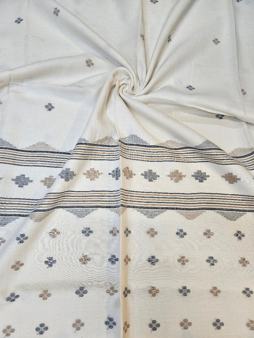 Off-White Soft Handloom Cotton Saree with Black Zari Stripes Border Balaram Saha