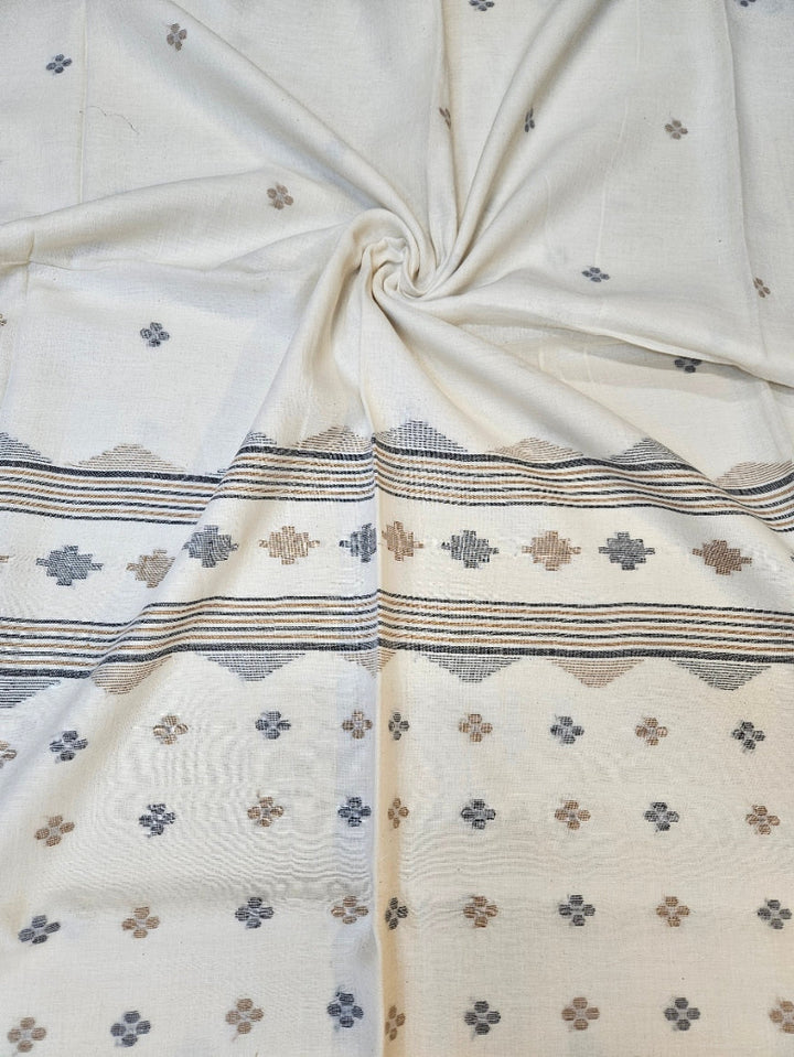 Off-White Soft Handloom Cotton Saree with Black Zari Stripes Border Balaram Saha
