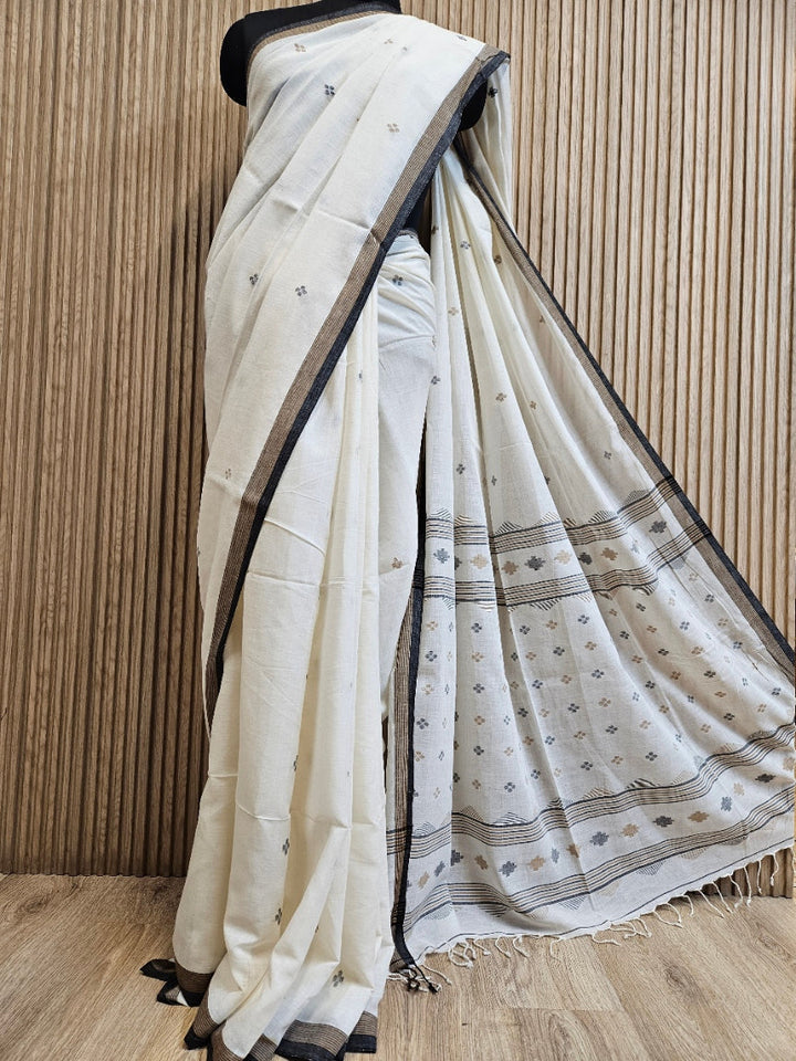 Off-White Soft Handloom Cotton Saree with Black Zari Stripes Border Balaram Saha