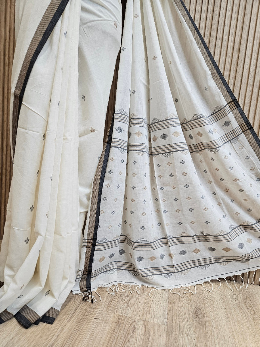 Off-White Soft Handloom Cotton Saree with Black Zari Stripes Border Balaram Saha
