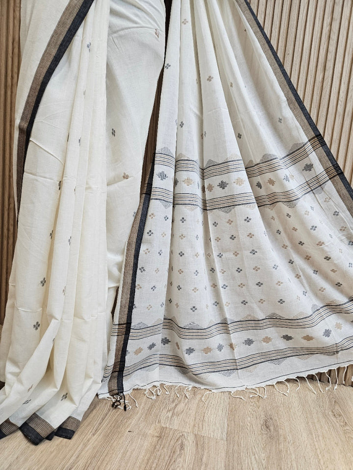Off-White Soft Handloom Cotton Saree with Black Zari Stripes Border Balaram Saha