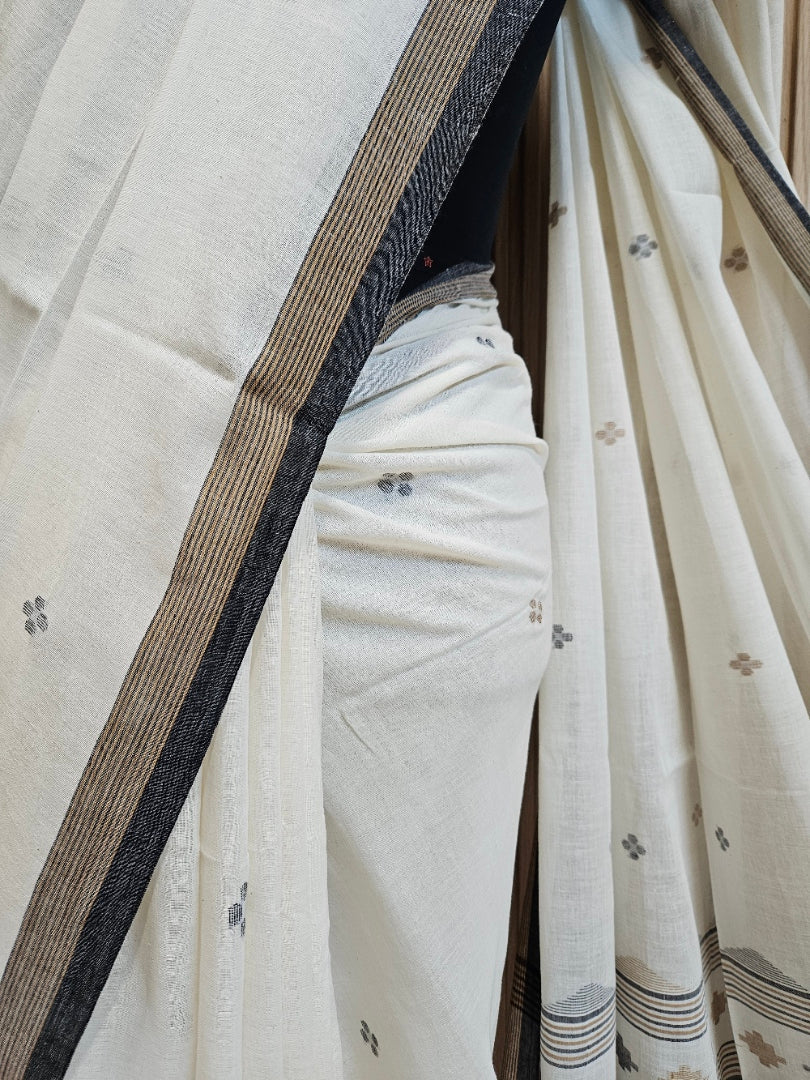 Off-White Soft Handloom Cotton Saree with Black Zari Stripes Border Balaram Saha