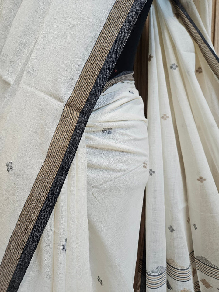 Off-White Soft Handloom Cotton Saree with Black Zari Stripes Border Balaram Saha
