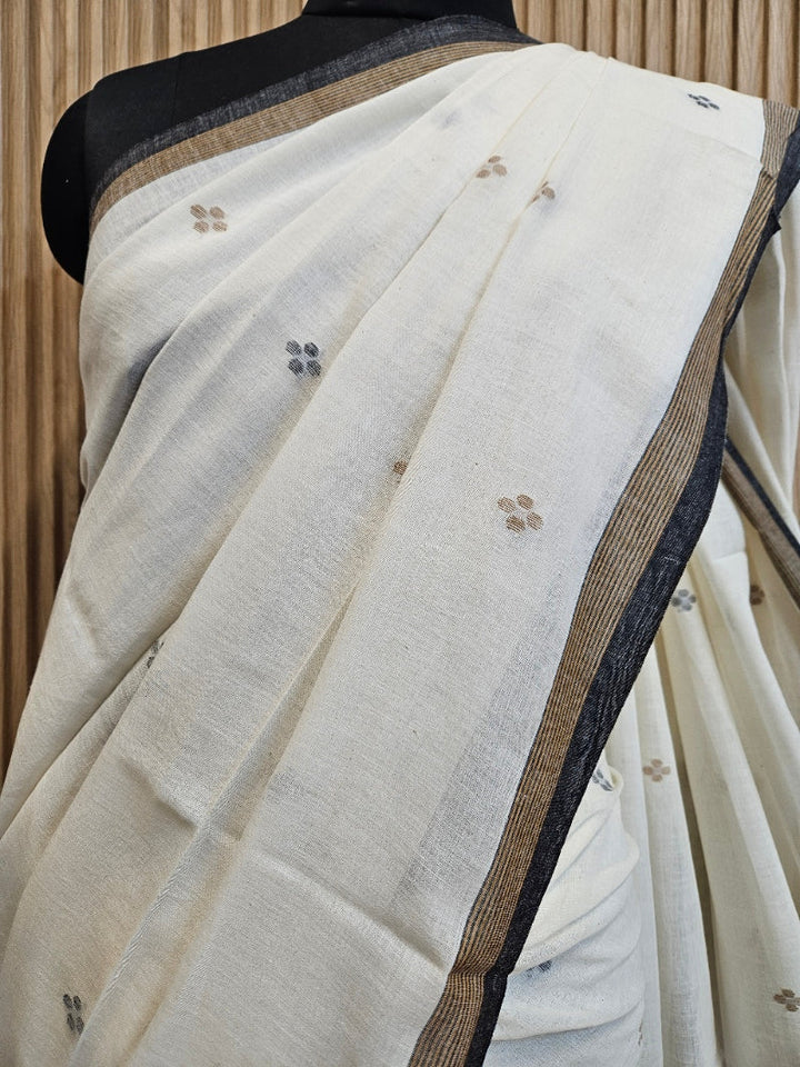 Off-White Soft Handloom Cotton Saree with Black Zari Stripes Border Balaram Saha