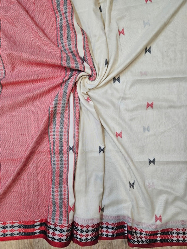 Bold & Beautiful: White & Red Handloom Cotton Saree by Balaram Saha Balaram Saha
