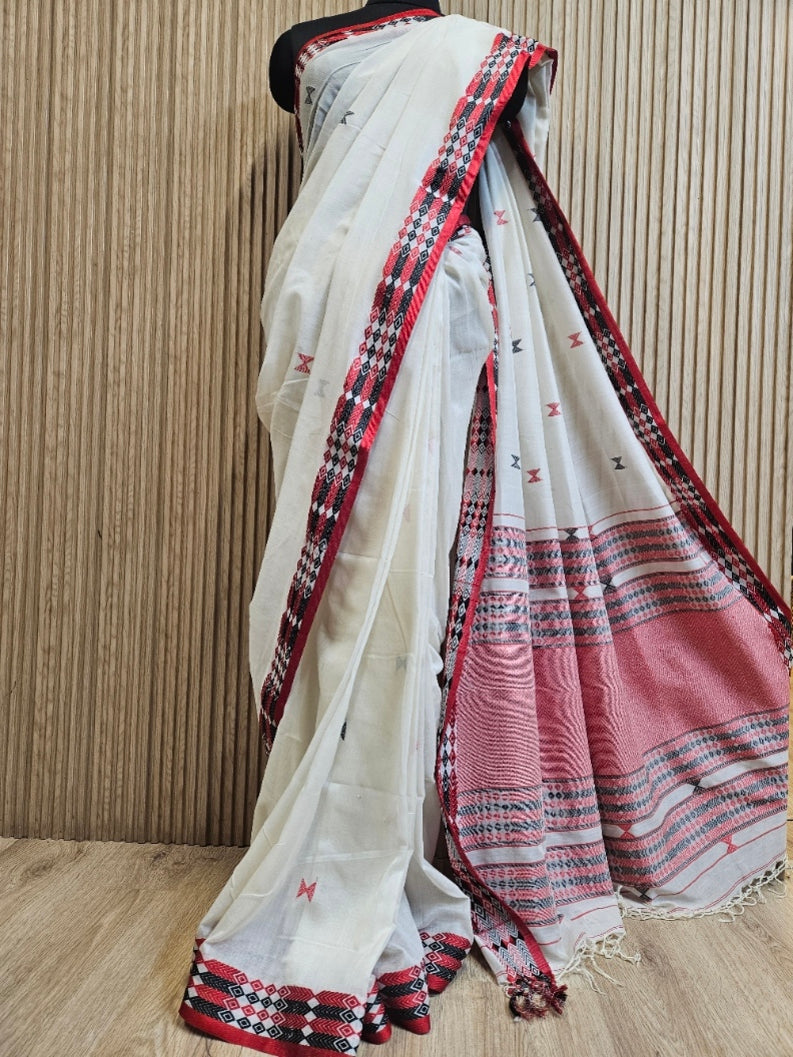 Bold & Beautiful: White & Red Handloom Cotton Saree by Balaram Saha Balaram Saha